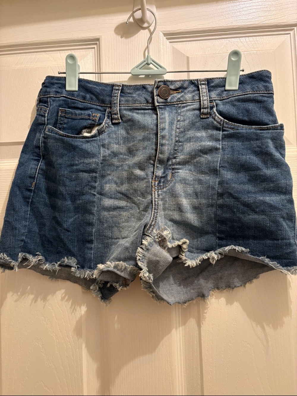 SO Distressed Frayed Hem Mid Rise Denim Shorts - Blue